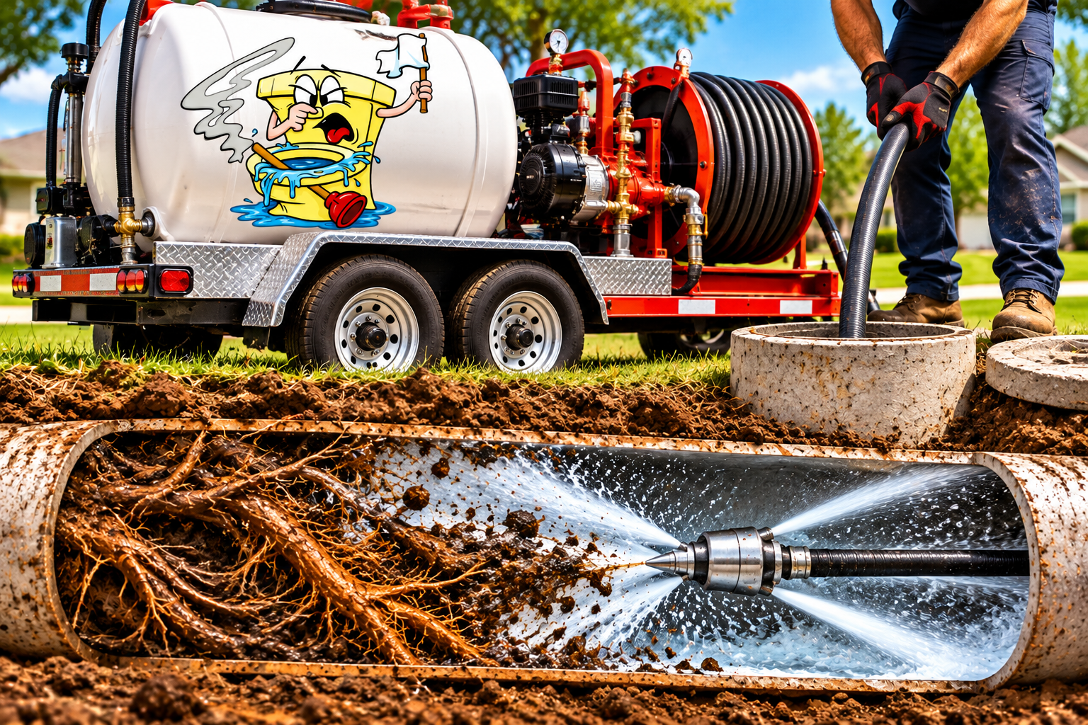 Hydro-jetting high-pressure water cleaning a sewer line — Ex-Stink Plumbing & Sewer