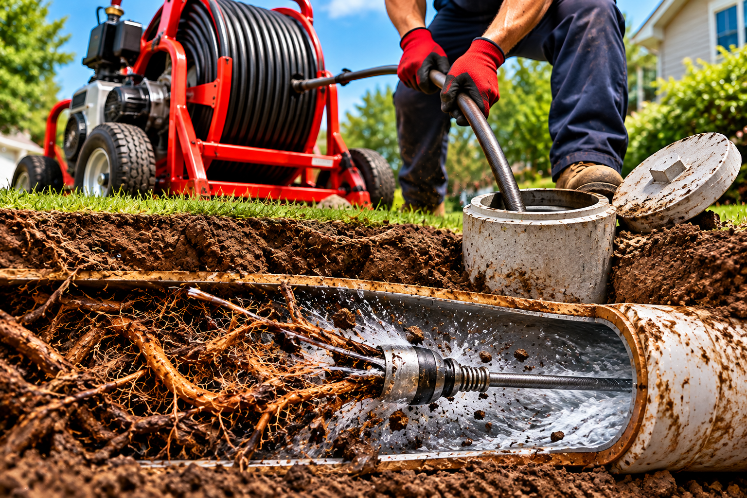 Power rodding roots from a sewer line — Ex-Stink Plumbing & Sewer