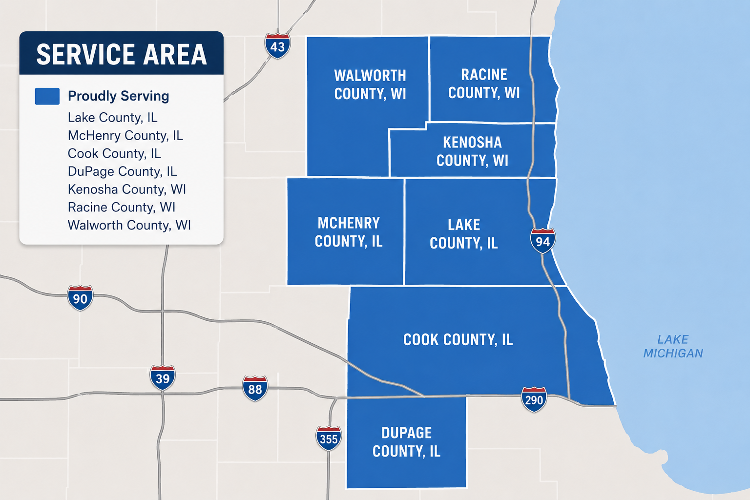 Ex-Stink Plumbing service area map — Illinois and Wisconsin counties