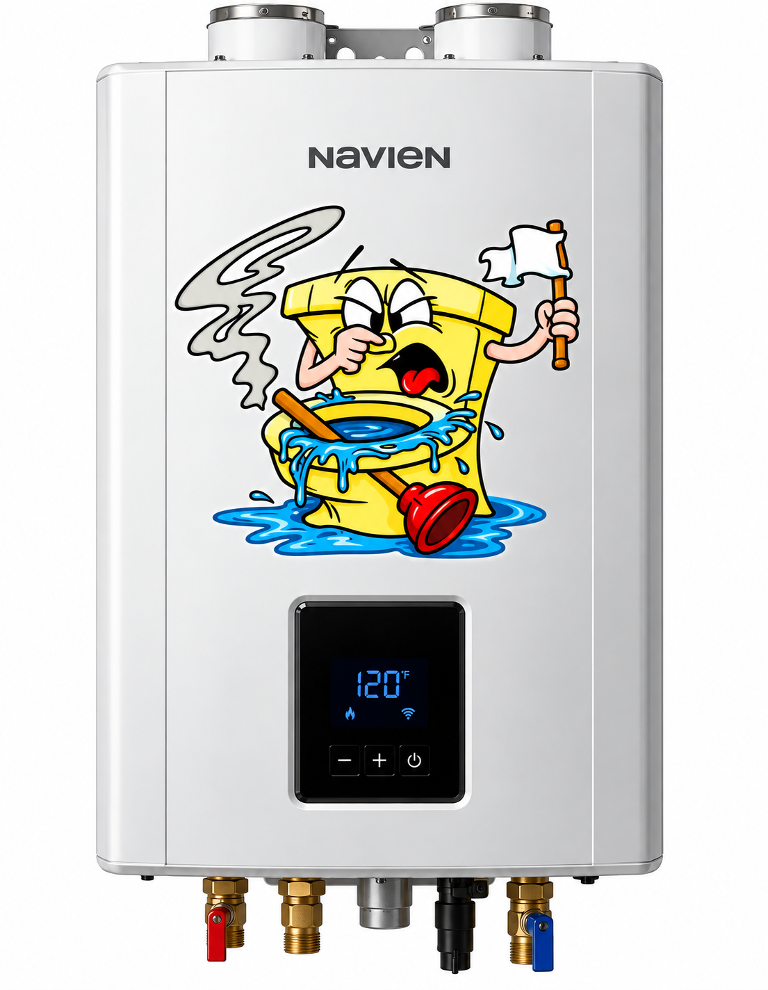 Navien tankless water heater with Ex-Stink mascot