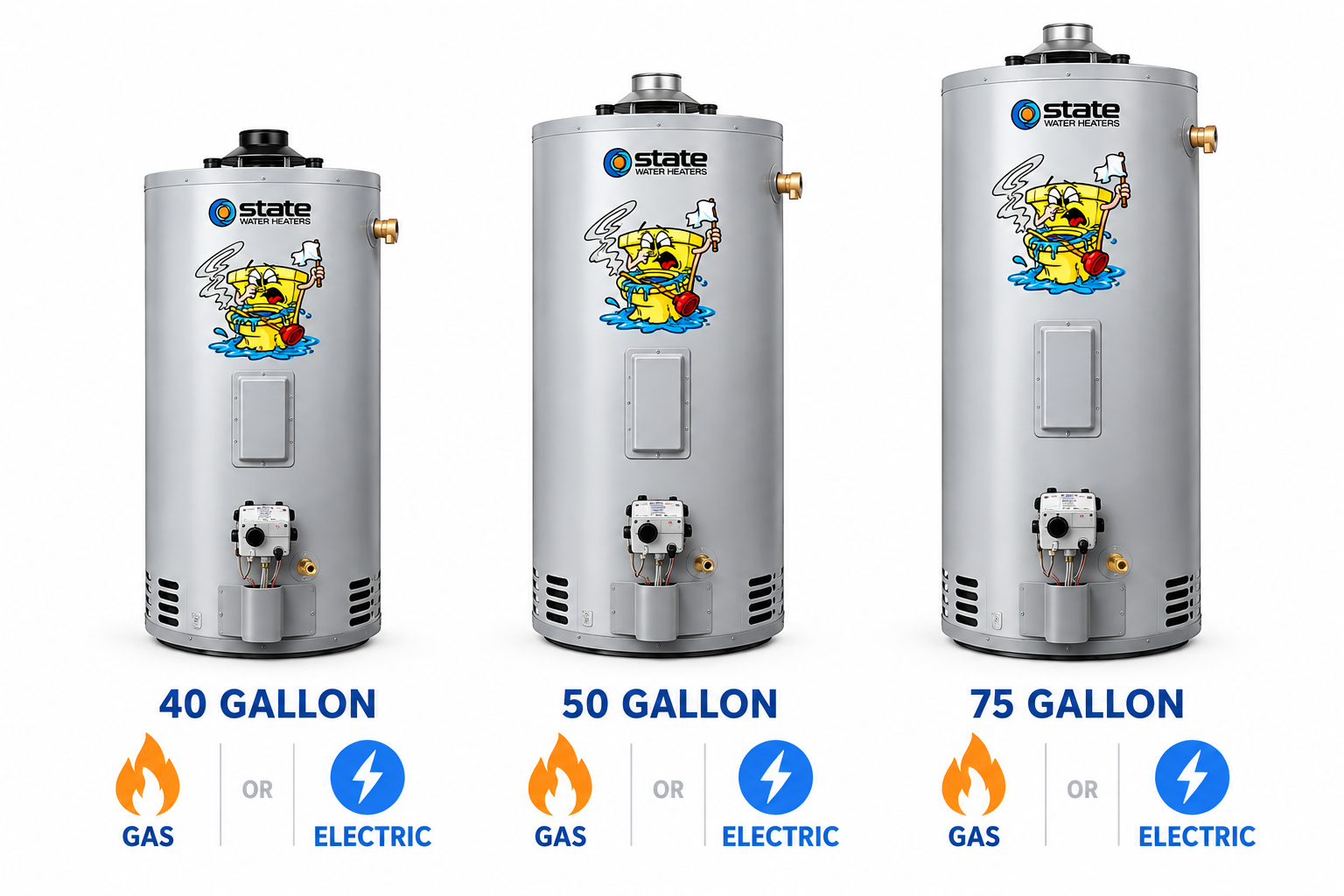 State Water Heaters — 40, 50, and 75 gallon models available in gas or electric